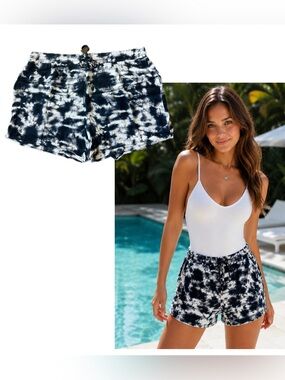 Black & White Tie-Dye Drawstring Lounge Shorts Elastic Waist Casual Summer Short